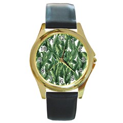 Green Banana Leaves Round Gold Metal Watch