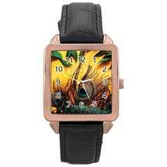 Art Paint Landscape Mountain Rose Gold Leather Watch 