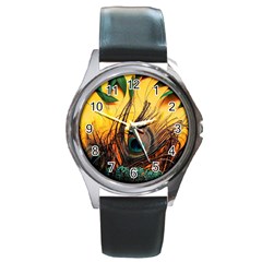 Oceans Stunning Painting Sunset Scenery Wave Paradise Beache Mountains Round Metal Watch