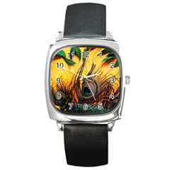 Sunset Illustration Water Night Sun Landscape Grass Clouds Painting Digital Art Drawing Square Metal Watch