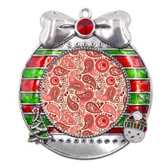 Paisley Red Ornament Texture Metal X mas Ribbon With Red Crystal Round Ornament by nateshop