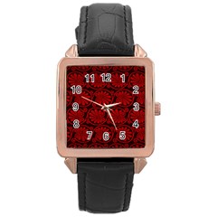 Red Floral Pattern Floral Greek Ornaments Rose Gold Leather Watch 