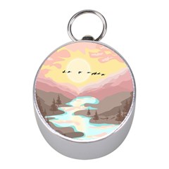 Mountain Birds River Sunset Nature Mini Silver Compasses