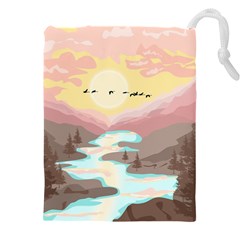 Mountain Birds River Sunset Nature Drawstring Pouch (4xl) by Cemarart