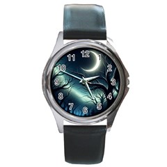 Moon Moonlit Forest Fantasy Midnight Round Metal Watch