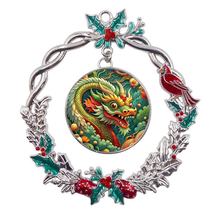 Chinese New Year – Year of the Dragon Metal X mas Wreath Holly leaf Ornament