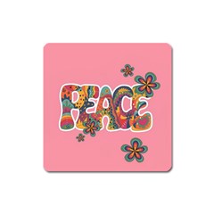Flower Power Hippie Boho Love Peace Text Pink Pop Art Spirit Square Magnet by Grandong