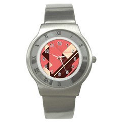 Retro Abstract Background, Brown-pink Geometric Background Stainless Steel Watch
