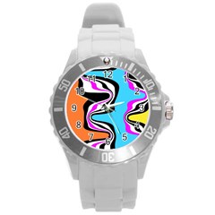 Liquid Warp Background Orange Blue Round Plastic Sport Watch (l)