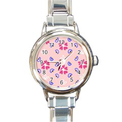 Flower Heart Print Pattern Pink Round Italian Charm Watch