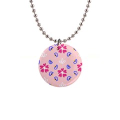 Flower Heart Print Pattern Pink 1  Button Necklace by Cemarart