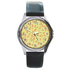 Pattern Leaves Print Background Round Metal Watch