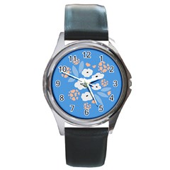 Doodle Flowers Leaves Plant Design Round Metal Watch by Cemarart