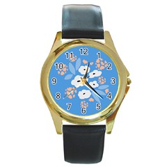 Doodle Flowers Leaves Plant Design Round Gold Metal Watch
