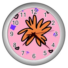 Doodle Flower Sparkles Orange Pink Wall Clock (silver)