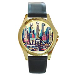 Skyscrapers City Usa Round Gold Metal Watch