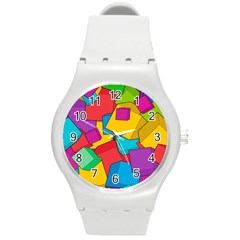 Abstract Cube Colorful  3d Square Pattern Round Plastic Sport Watch (M)