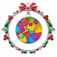 Abstract Cube Colorful  3d Square Pattern Metal X mas Wreath Ribbon Ornament