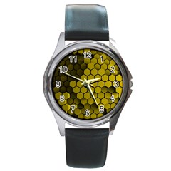 Yellow Hexagons 3d Art Honeycomb Hexagon Pattern Round Metal Watch by Cemarart