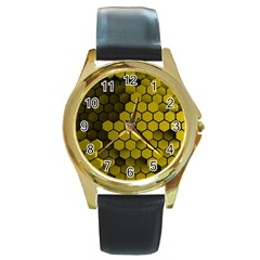 Yellow Hexagons 3d Art Honeycomb Hexagon Pattern Round Gold Metal Watch