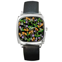 Flowers Pattern Art Floral Texture Square Metal Watch by Cemarart