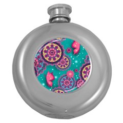 Floral Pattern Abstract Colorful Flow Oriental Spring Summer Round Hip Flask (5 Oz)