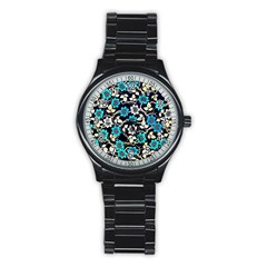 Blue Flower Floral Flora Naure Pattern Stainless Steel Round Watch