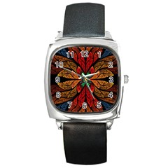 Fractal Floral Flora Ring Colorful Neon Art Square Metal Watch