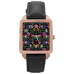 Mexican Folk Art Seamless Pattern Rose Gold Leather Watch 