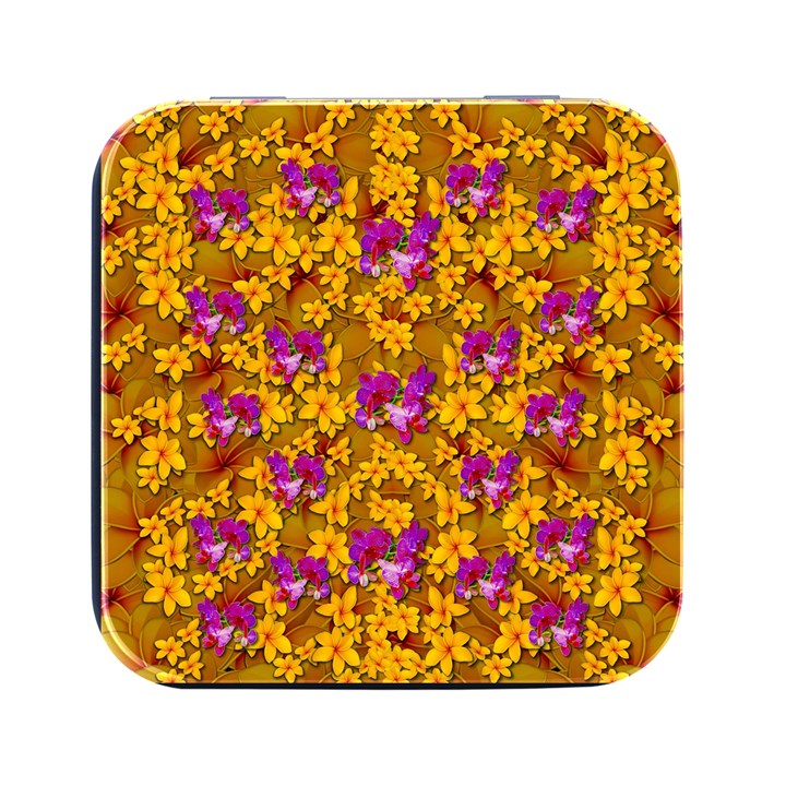 Blooming Flowers Of Orchid Paradise Square Metal Box (Black)