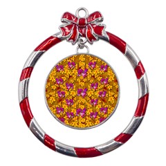 Blooming Flowers Of Orchid Paradise Metal Red Ribbon Round Ornament