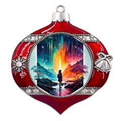 Starry Night Wanderlust: A Whimsical Adventure Metal Snowflake And Bell Red Ornament by stine1