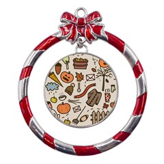 Halloween Doodle Autumn Pumpkin Metal Red Ribbon Round Ornament