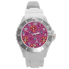 Flowers Petals Leaves Foliage Round Plastic Sport Watch (l)