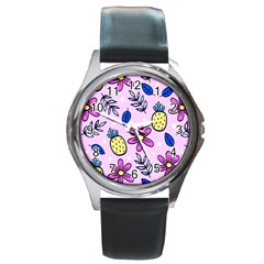 Flowers Petals Pineapples Fruit Round Metal Watch