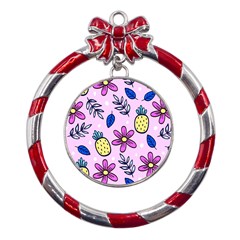 Flowers Petals Pineapples Fruit Metal Red Ribbon Round Ornament
