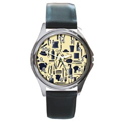 Elegant Hairdresser Pattern Cream Round Metal Watch by TetiBright