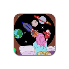 Girl Bed Space Planets Spaceship Rocket Astronaut Galaxy Universe Cosmos Woman Dream Imagination Bed Rubber Coaster (square)