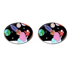 Girl Bed Space Planets Spaceship Rocket Astronaut Galaxy Universe Cosmos Woman Dream Imagination Bed Cufflinks (oval) by Maspions