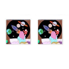 Girl Bed Space Planets Spaceship Rocket Astronaut Galaxy Universe Cosmos Woman Dream Imagination Bed Cufflinks (square) by Maspions