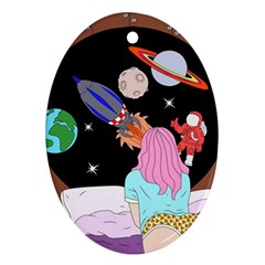 Girl Bed Space Planets Spaceship Rocket Astronaut Galaxy Universe Cosmos Woman Dream Imagination Bed Oval Ornament (two Sides)