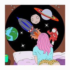 Girl Bed Space Planets Spaceship Rocket Astronaut Galaxy Universe Cosmos Woman Dream Imagination Bed Medium Glasses Cloth (2 Sides)