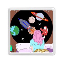 Girl Bed Space Planets Spaceship Rocket Astronaut Galaxy Universe Cosmos Woman Dream Imagination Bed Memory Card Reader (square)