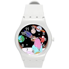 Girl Bed Space Planets Spaceship Rocket Astronaut Galaxy Universe Cosmos Woman Dream Imagination Bed Round Plastic Sport Watch (m) by Maspions