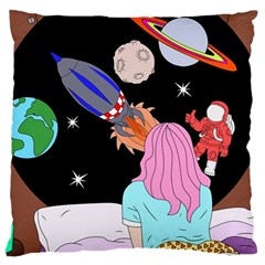 Girl Bed Space Planets Spaceship Rocket Astronaut Galaxy Universe Cosmos Woman Dream Imagination Bed Large Cushion Case (one Side) by Maspions