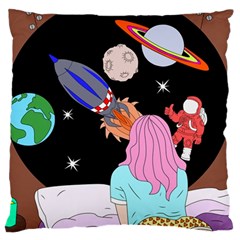 Girl Bed Space Planets Spaceship Rocket Astronaut Galaxy Universe Cosmos Woman Dream Imagination Bed Standard Premium Plush Fleece Cushion Case (two Sides)