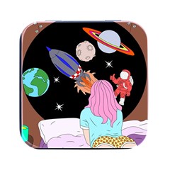 Girl Bed Space Planets Spaceship Rocket Astronaut Galaxy Universe Cosmos Woman Dream Imagination Bed Square Metal Box (black)