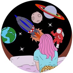 Girl Bed Space Planets Spaceship Rocket Astronaut Galaxy Universe Cosmos Woman Dream Imagination Bed Uv Print Round Tile Coaster by Maspions