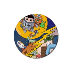 Astronaut Moon Monsters Spaceship Universe Space Cosmos Rubber Round Coaster (4 Pack) by Maspions