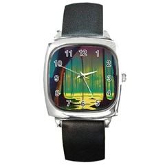 Nature Swamp Water Sunset Spooky Night Reflections Bayou Lake Square Metal Watch by Grandong